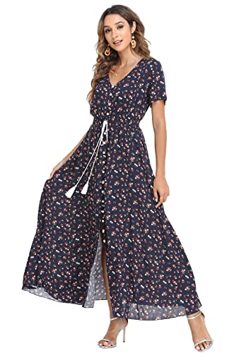 Image of VintageClothing Women's Floral Maxi Dresses Boho Button Up Split Summer Casual Long Dress Beach Party Dress