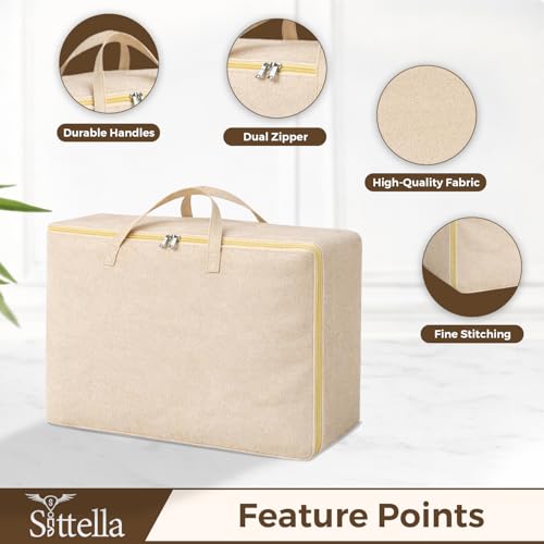 Image of SITTELLA 2 Pack Large Foldable Storage Bags 58 L | Fabric Storage Organizer Box with Zip | Blanket, Quilt & Household Item Storage | Space Saving Storage Container | Beige