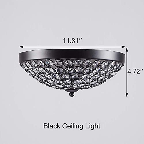 Cotulin Black Modern Elegant Crystal Ceiling Light,2-Light Flush Mount Chandelier Ceiling Light For Bedroom Living Room Hallway,Kitchen Lighting Fixture With Sparkle Crystal Metal Shade #TOP1