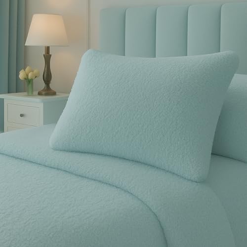 Night Zone Teddy Bear Pair Pillowcases Warm Cosy Soft Plush Fleece Pillow case (Duck Egg)