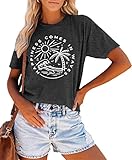 Summer Shirts Womens Happiness Comes in Waves Letter Beach Graphic Short Sleeve Positive Summer Vibe Tee Top(Grey,Large)