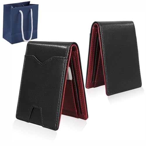 Men's Slim Leather RFID Blocking Wallet - Minimalist Carbon Fiber Bifold, Mens Wallets RFID Blocking With Money Clip (B-Black Red)