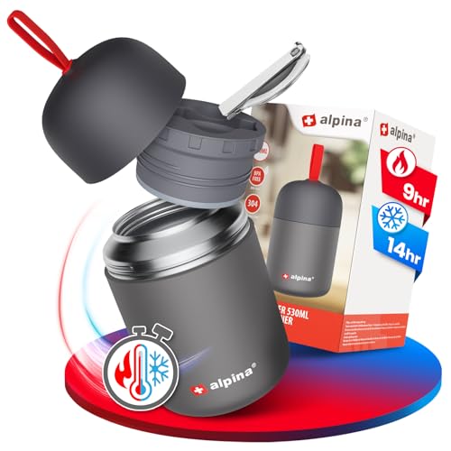 Produktfoto von alpina Thermobehälter für Essen - SPÜLMASCHINENFESTER Thermo Becher 530ml mit Druckausgleich und faltbarem Löffel -…