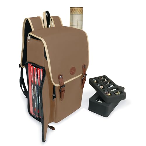 ENHANCE Designer Edition DnD Backpack - Stylish RPG Backpack for Dungeons and Dragons - Travel DnD Bag fits 4 Books and Binder with Miniature Storage Map Holder Comfortable Shoulder Straps (Tan)