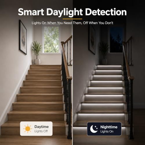 Image of 20-Step Intelligent Motion Sensor Stair Lights Kit, 47.2-Inch Cuttable COB LED Strip Lights for Indoor Stairs, PIR Smart Staircase Lighting with Daylight Sensor, Cool White (6000k)
