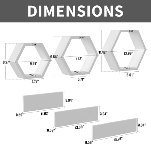 Image of Wooden Floating Wall Shelves Wall Mounted - Set of 6 Hexagon Shelves Display for Photos, Plants, Honeycomb Shelves for Living Room, Bedroom, Bathroom, Kitchen, Office (White)
