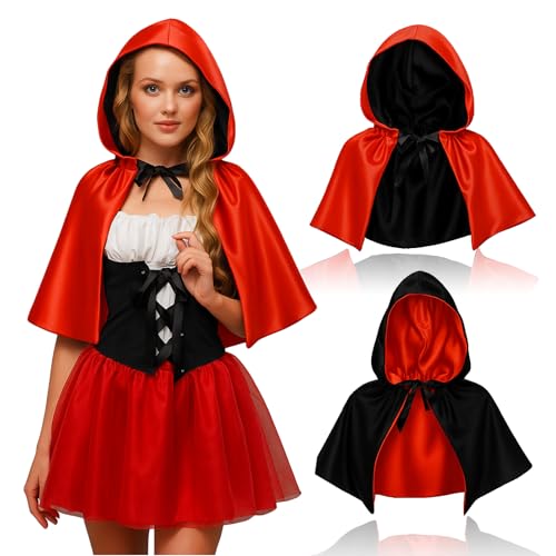 Newcotte Halloween Short Reversible Black and Red Hooded Cloak Costume Hood Polyester Cape Cloak Masquerade Cape Costume for Cosplay & Party & Festive Events, 13 Inch Adult Size