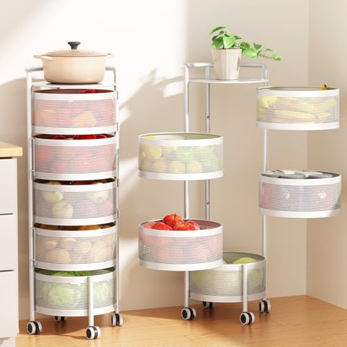 Image of JAQ No Assembly 5-Tier Kitchen Storage Cart with Wheels, Rotating Produce Organizer for Onion, Potato & Vegetable Storage, Large Capacity Pantry Rack, White