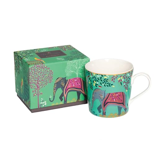 Portmeirion x Sara Miller London Elephant's Oasis Coffee Mug with Handle - India Collection, Elegant and Sophisticated with 22 Carat Gold Detailed, Light Jade Green, 344ml
