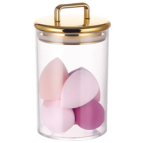 Image of 24 oz Medium Acrylic Storage Apothecary Jar with Gold Airtight Lid | Bathroom Vanity Organizer Containers | Ideal Decorative Canisters for Shells, Bath Salt, Grains, Cotton Ball, Flossers