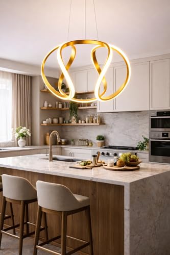Image of Modern Curvy Gold Finish Spiral Shape Energy Saving Led Pendant Hanging with 3 Different Color Mode (Warm White, Cool White, Neutral White) for Bedroom, Living Room, Restaurants, Dining, Home