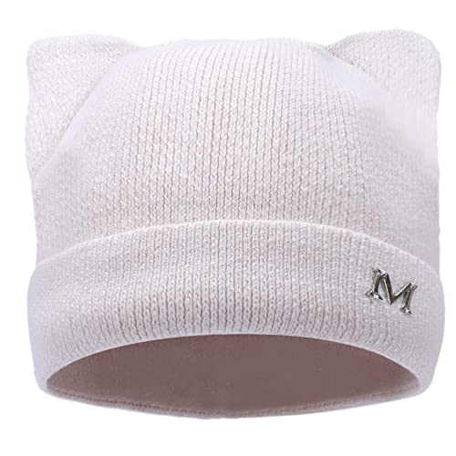 LUCKYBUNNY Cat Ear Beanie for Women Girls Autumn Winter Knit Cuff Beanie Hip Hop Beanie Hat Cat Crochet Ski Cap White