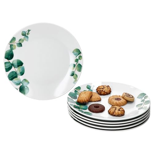 MamboCat Lot de 6 assiettes à gâteau en eucalyptus I Ø 20,5 cm I Assiettes à dessert en porcelaine blanche pour 6 personnes avec décor de plantes vertes I Petites assiettes pour le petit-déjeuner, le
