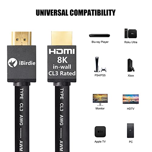 Ibirdie 8K Hdmi 2.1 Cable 25 Feet Cl3 In Wall Rated 8K60Hz 4K120Hz Earc Arc Hdcp 2.3 2.2 Ultra High Speed Compatible With Dolby Vision Roku Sony Lg Samsung Ps5 Ps4 Xbox Series X Rtx 3080 3090 #TOP5