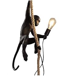 Lampara Cuerda Mono Yjmgrowing Lámpara colgante vintage estilo mono industrial Araña de arte de resina creativa de personalidad Lámpara colgante colgante de mono de cuerda de cáñamo para el comedor Cafe Bar,E27,Negro