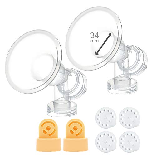 34 mm 2xOne-Piece Extra Large Breastshields w/Valves and Membranes Compatible wtih Medela Breast Pumps; Smaller Than Medela PersonalFit 36 Breastshield; Made by Maymom