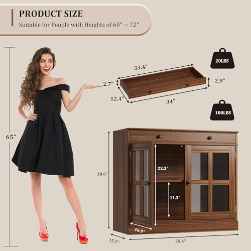 GarveeHome 35.4" Sideboard Buffet Cabinets with Glass Door, Buffet Cabinet with Storage, Walnut Sideboard Cabinet with Drawer, Modern Buffets & Sideboards for Dining Room, Kitchen
