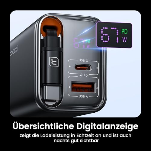 toocki USB C Ladegerät, 3Port GaN Mehrfach Ladegerät mit Schnell Einziehbares Ladekabel,67W USB C Netzteil mit LED Display für MacBook,iPhone 17 Pro Max,Galaxy S24 Ultra/S23,Switch,Laptop,Handys usw