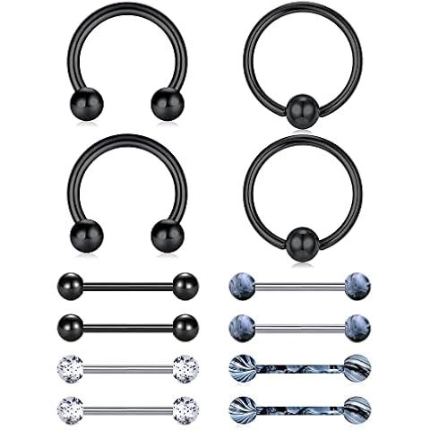 LAURITAMI 5 Pares Barras para Pezón 14G Piercing para Pezón Anillos Negro Acero Quirúrgico Joyería Cover