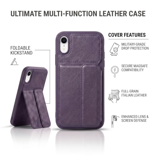 Image of amazon basics Luxury Vegan Leather Back Cover for iPhone XR | Built-in Card Holder Slot | Integrated Mobile Stand | Slim Shockproof Protective Case with Stitched Finish - Purple