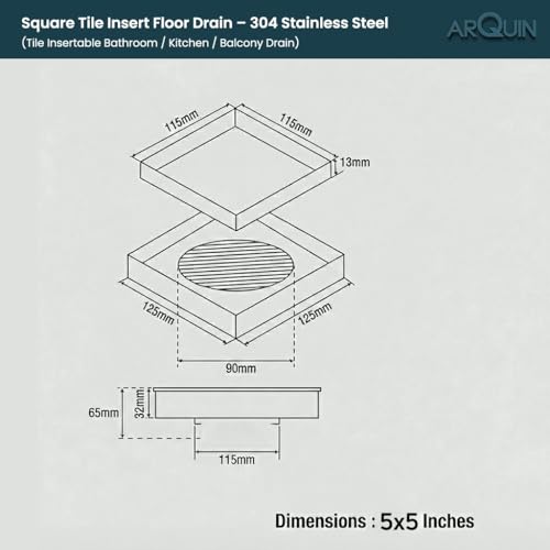 Image of ARQUIN Tile Insert Floor Drain 5x5 Inch 304 Grade Stainless Steel Invisible Bathroom Drain Jali Floor Drainer Without Anti-Cockroach Trap | Square Drainer for Bathrooms 1 mm Thickness