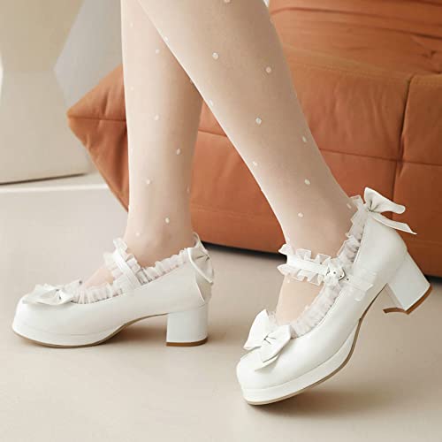 Image of LUXMAX Women Kawaii Mid Block Heel Mary Jane Rockabilly Pumps with Bow Platform Chunky Heel Cute Sweet Shoes