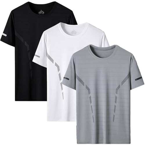 3 Pack Mens T-Shirts Quick Dry Sport Tops Breathable Moisture Wicking Athletic Gym Tshirts Crew Neck Running Workout Shirts (UK, Alpha, S, Regular, Regular, Black-White-Grey)