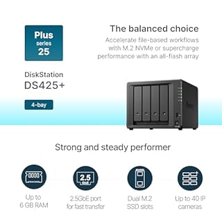 DS425+ Synology NAS 4 Baies – Garantie 3 Ans, Solution de Stockage compacte avec Port 2,5 GbE intégré