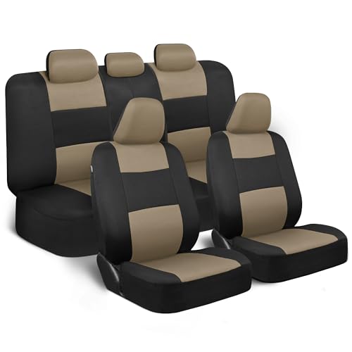 Image of BDK PolyPro Seat Covers Full Set in Beige on Black - Front and Rear Split Bench Seat Covers for Cars, Car Accessories for Auto Trucks Van SUV