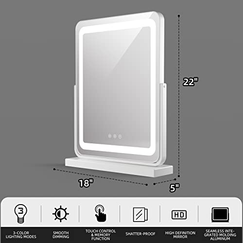 Primetek Makeup Vanity Mirror With Lights - Large Lighted Mirror For Desk, Bedroom, Dressing Room Tabletop, Light Up Mirror With Dimmable 3-Color Led, Magnification, Memory Function, White, 18"Lx22"H #TOP6