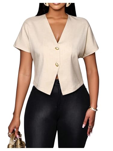 Floerns Women's V Neck Button Asymmetrical Hem Blouse Short Sleeve Elegant Shirt Tops