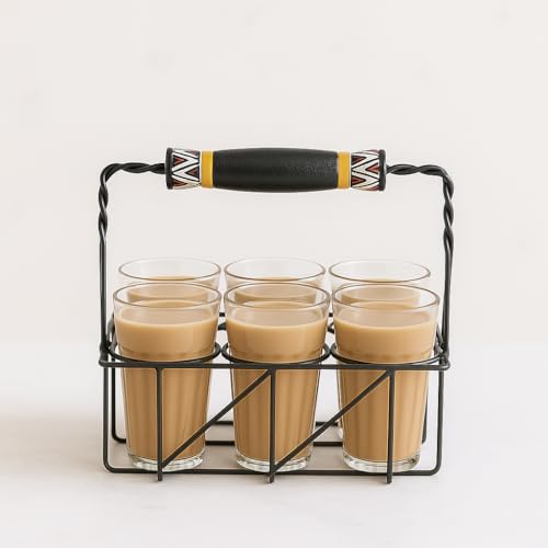 ARTYSTA BEAUTIFYING LIVES 'Tribal Transparent' Premium Cutting Chai Glass Set with Stand | 6+1 Traditional Tea Glasses with Handpainted Iron Stand | Dhaba Style Tea Serving Set (120ml)
