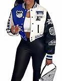COZYPOIN Women's Varsity Jacket Cropped Letterman Jacket Lightweight Button Down Bomber Racer Baseball Y2K Coats Blue