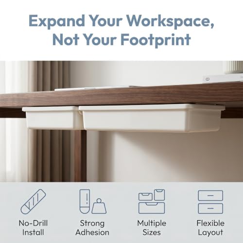 Organizador oculto blanco con capacidad de carga fuerte, 3 piezas con montaje adhesivo sin taladro, cajones de plástico deslizantes para combinación flexible, caja de almacenamiento bajo escritorio miniatura 3