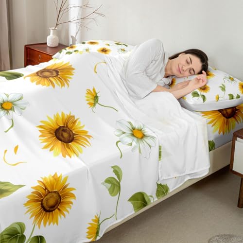 Feelyou Sunflowers Bed Sheet Set Floral Print Bed Sheets Yellow Flowers Pattern Sheets Flower Painting Sheet Set for Boys Girls Children Teens Microfiber Twin by Feelyou - Image 2