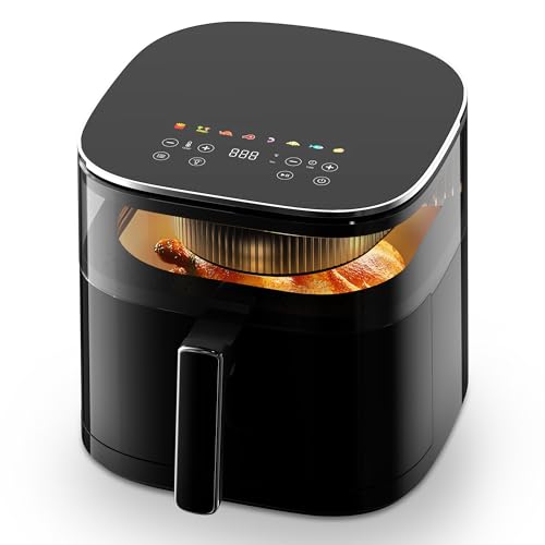 aeco TOUCH AirFryer 5,7 Liter, Heißluftfritteuse mit 270° beleuchtetem Sichfenster & digitalem Touch-Display, 1700 Watt, 80°-200° einstellbar, 8 Programme, inkl. Rezeptheft