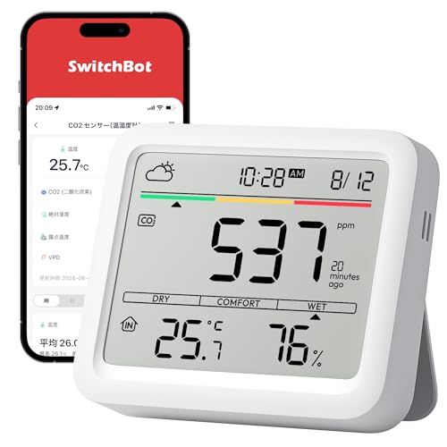 【冬の換気・乾燥対策】SwitchBot CO2センサー 二酸化炭素濃度計 温湿度計 アラーム - スイッチボット デジタル 大画面 高精度 CO2測定器 快適指数 天気予報 時計 卓上 カレンダー スマホ連動 アラート通知 グラフ記録 スマートホーム Alexa Google Home Siriに対応