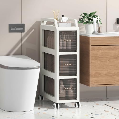 ZHYOCOGY Meuble Salle de Bain, Meuble WC Étroit Profondeur 20 cm avec 3 Tiroirs, 20x41x66 cm, Étagère de Rangement à roulettes, Multiusage pour Salle de...