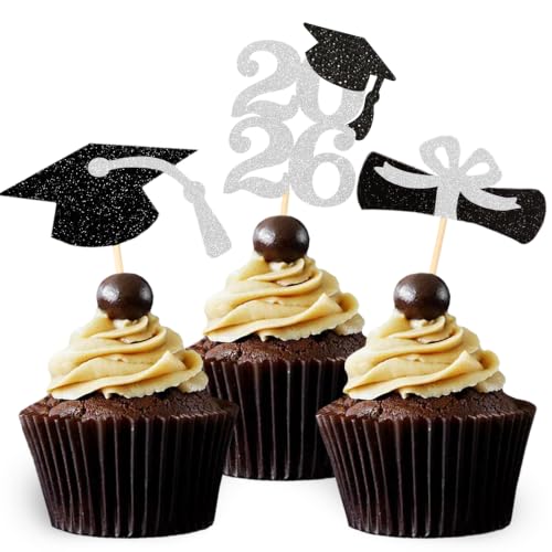 Image of Class of 2026 Glitter Graduation Cupcake Topper, Food /Appetizer Picks for Graduation Party (Silver)