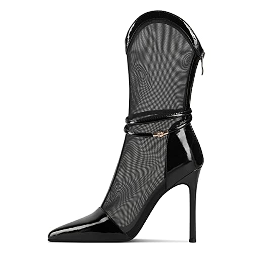 FSJ Women Sexy Pointed Toe Stiletto High Heel Mesh Mid Calf Boots Glossy Back Zipper Summer Casual Sandal Shoes Size 4-15 US2