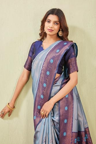 Image of Women's Banarasi Silk Saree with Rich Pallu, Jacquard Zari Weaving Work & Unstitched Blouse Piece, Traditional Ethnic for Wedding, Party & Festive Occasion