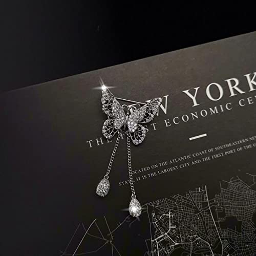 Image of Dainty Butterfly Brooch Pin with Teardrop Pendant for Women,Crystal Rhinestones Hollow Out Butterfly Corsage for Scarf Clothing Accessories