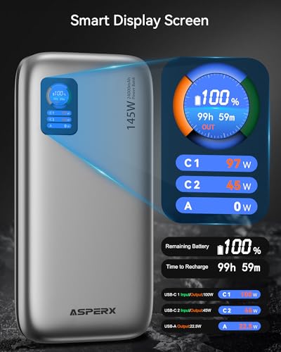 Image of AsperX Laptop Power Bank, 145W PD 3.1 Fast Charging Portable Charger, TFT Smart Display USB C Battery Pack for MacBook /iPhone 16 /Dell XPS /Galaxy S25 /Steam Deck /ipad (Flight-Approved)