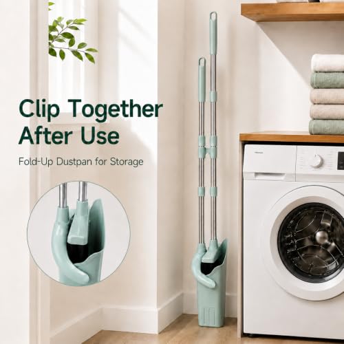 Image of Broom and Dustpan Set, 52-Inch Long Handle, Comb Teeth, Green | Comb teeth help sweep pet hair, dust and crumbs on hard floors