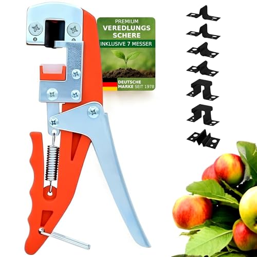 GARTENPAUL Premium Veredlungsschere mit 7 Messer, Omega V W Okulation, Veredlungsmesser Veredlungszange Gartenschere Rosenschere, 30 Jahre Qualität, Okulier-Schere Messer, Obstbäume Rosen Pflanzen