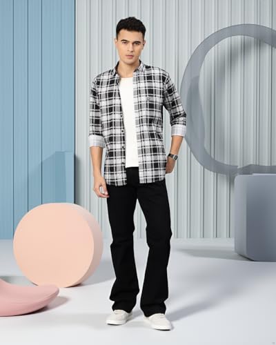 Image of Majestic Man Stylish Slim Fit Cotton Spread Collar Checked Casual Shirt