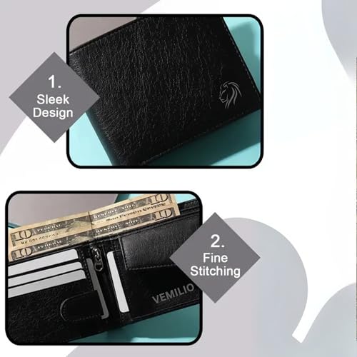 Image of VEMILIO Vegan Leather Wallet for Men with ID Window, Coin Pocket, Zipper Pocket & Multiple Card Slots | Bi-Fold Gents Purse with Currency Compartments | Slim Stylish Men's Wallet (Black)
