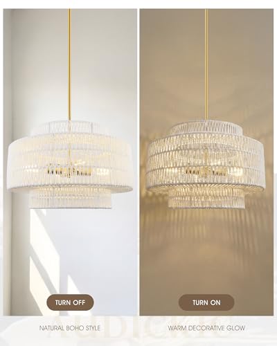 Image of 18 inch Boho Rattan Chandelier, Gold, AD-25050-4P-WH | 4-Light 3-Tier Hand Woven Dining Room Light Fixture, White Pendant Lights for Living Room Kitchen Island, Adjustable Height