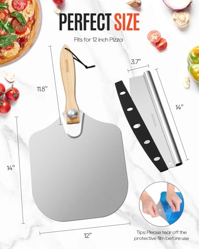 12 inch Aluminum Metal Pizza Peel with Foldable Wood Handle, Easy to Storage And Clean Pizza Spatula Paddle Pizza Oven Accessories for Family Pizza Oven Baking Pizza