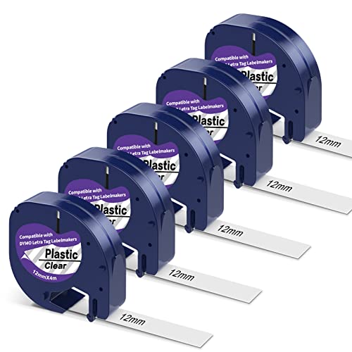 5 X Plastic Clear Label Maker Refills Replacement for Dymo Letratag Refills, Compatible with Dymo Label Maker Refills 12mm x 4m Letratag Replacement for Letra Tag for LT100T LT100H QX50